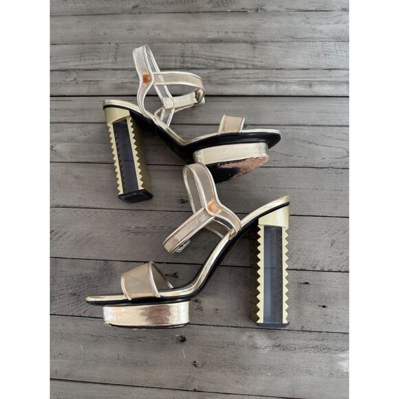 APERLAI Paris Kiara Sandals Gold Black Transparent Vinyl Heels Size 37 7 - Picture 1 of 9